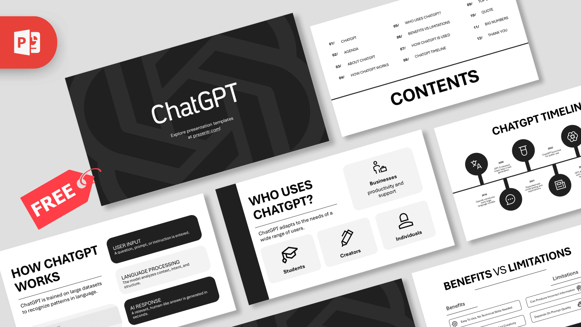 OpenAI ChatGPT PowerPoint Template cover slide with dark geometric background and white text