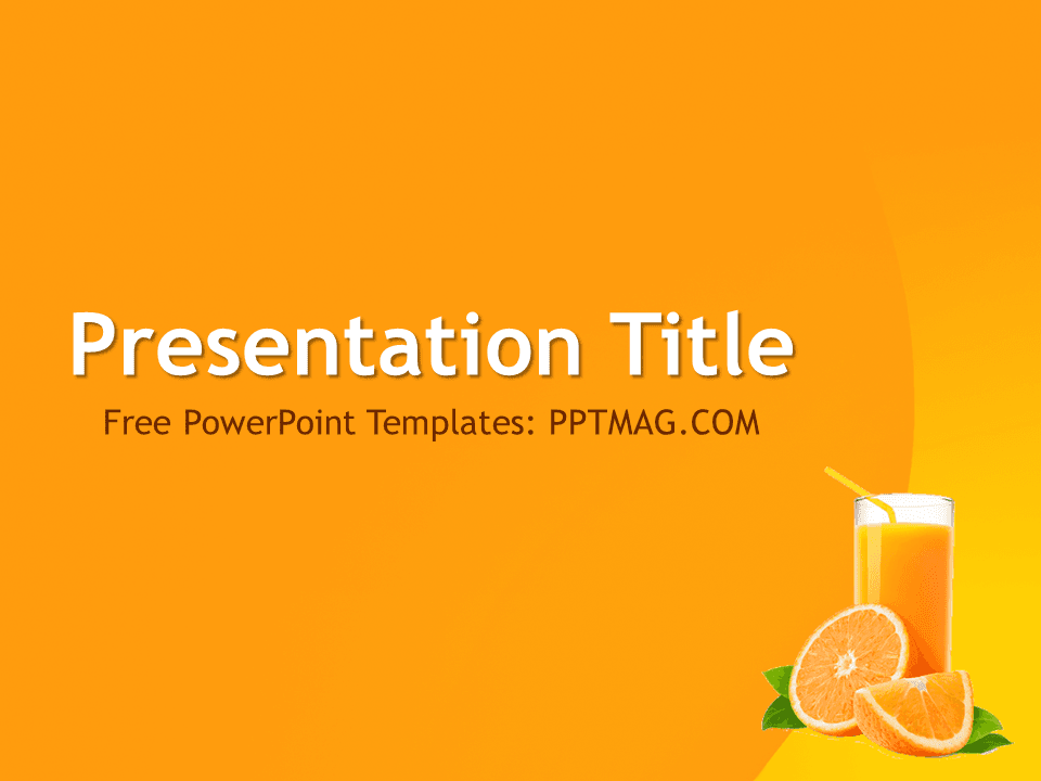 Orange Juice PowerPoint Template title slide with bright orange background, glass of juice and orange slices