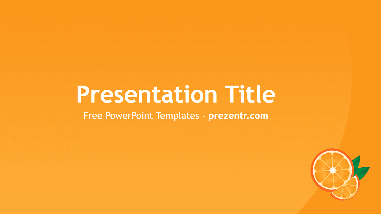 Oranges PowerPoint Template cover slide with orange background, white title text, and illustrated orange slices with leaves