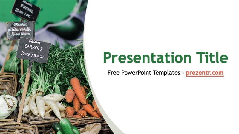 Organic Food PowerPoint template cover slide with fresh vegetables and green curved design layout
