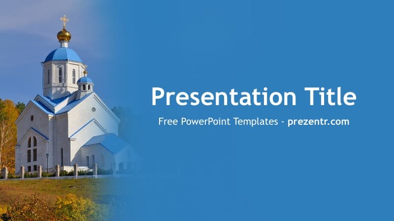 Orthodox PowerPoint Template cover slide with white church featuring golden dome on blue gradient background