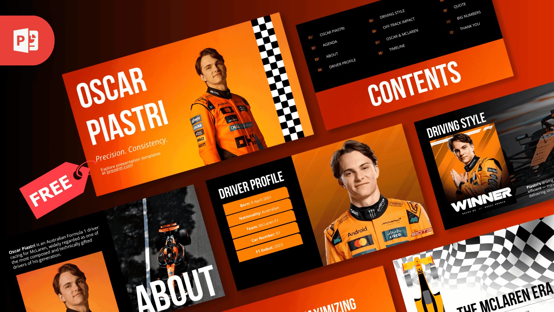 Oscar Piastri PowerPoint Template cover slide with orange racing driver portrait and checkered flag design