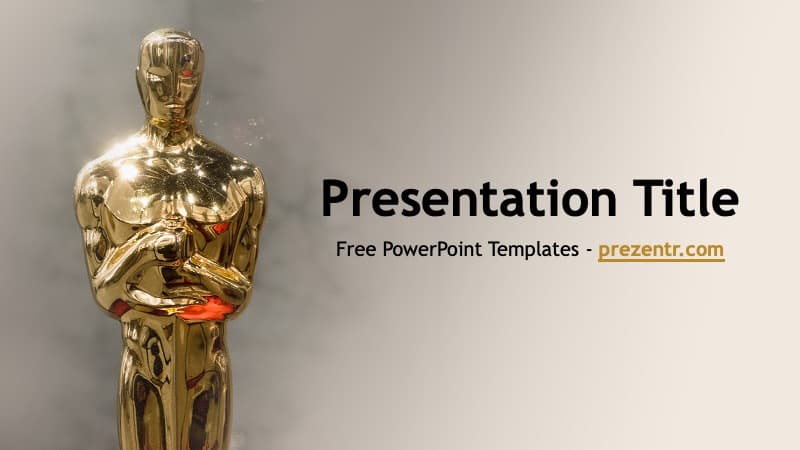 Oscars PowerPoint Template cover slide featuring gold Oscar statue on gray background with black text