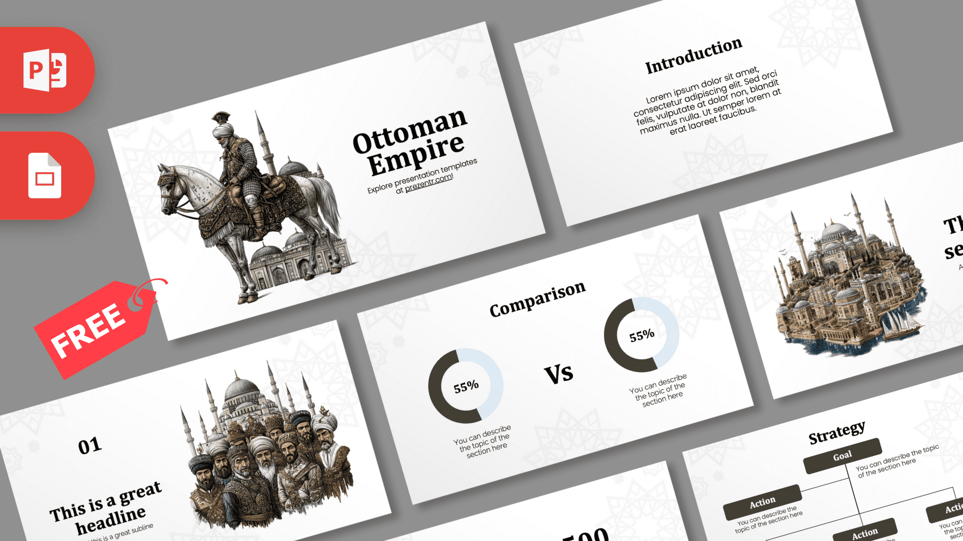 Ottoman Empire PowerPoint Template cover slide with warrior on horseback and mosque architecture