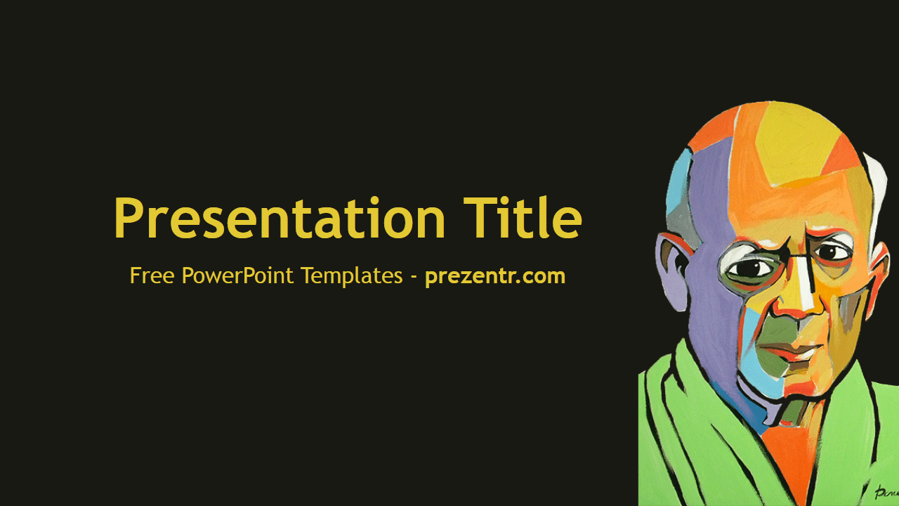 Colorful pop art portrait on dark background with yellow title text for Pablo Picasso PowerPoint Template