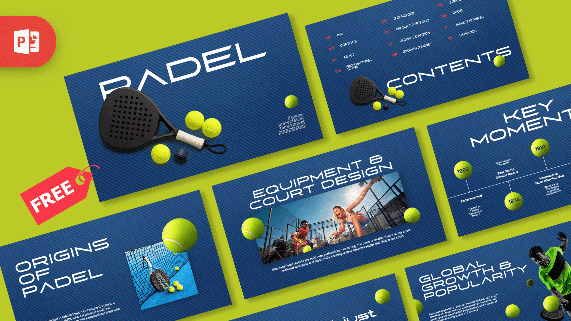 Padel PowerPoint Template cover slide with blue backgrounds, neon yellow accents, and padel racket imagery