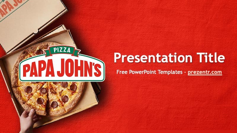 Papa John's Pizza PPT template cover slide with red background, pizza box, and logo