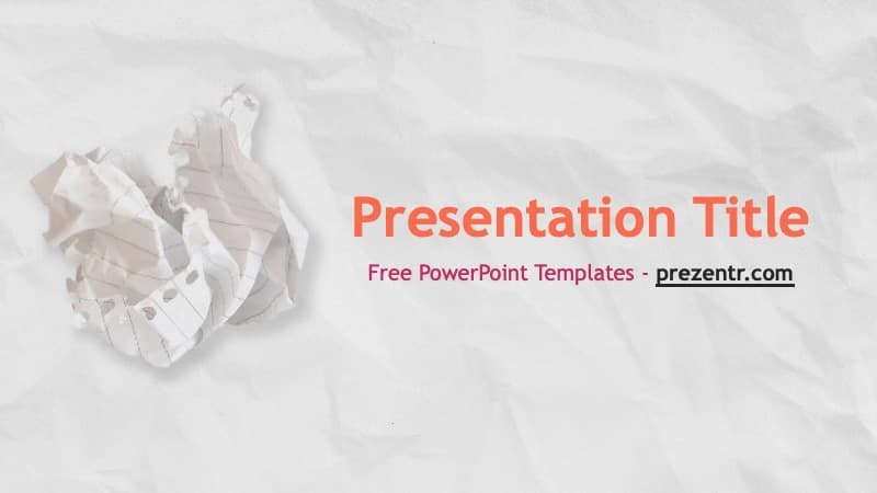 Minimalist Paper PowerPoint Template cover slide with crumpled white paper elements on light background and red text