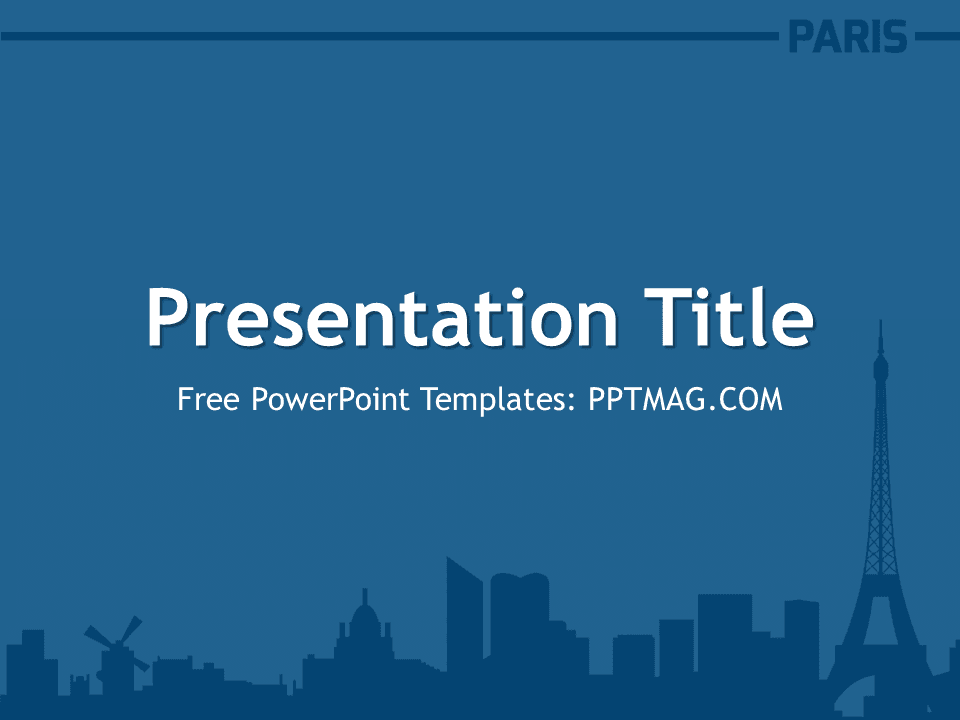 Paris PowerPoint Template cover slide with blue gradient background and city skyline silhouette