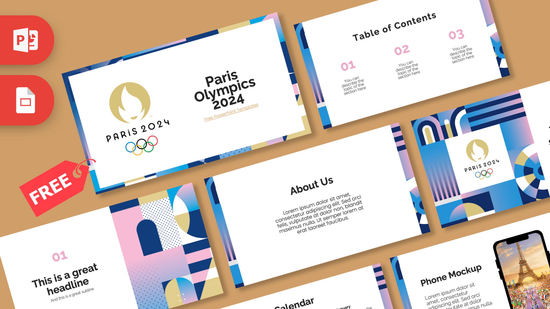Paris Olympics 2024 PowerPoint template featuring gold flame logo, blue and pink geometric design elements