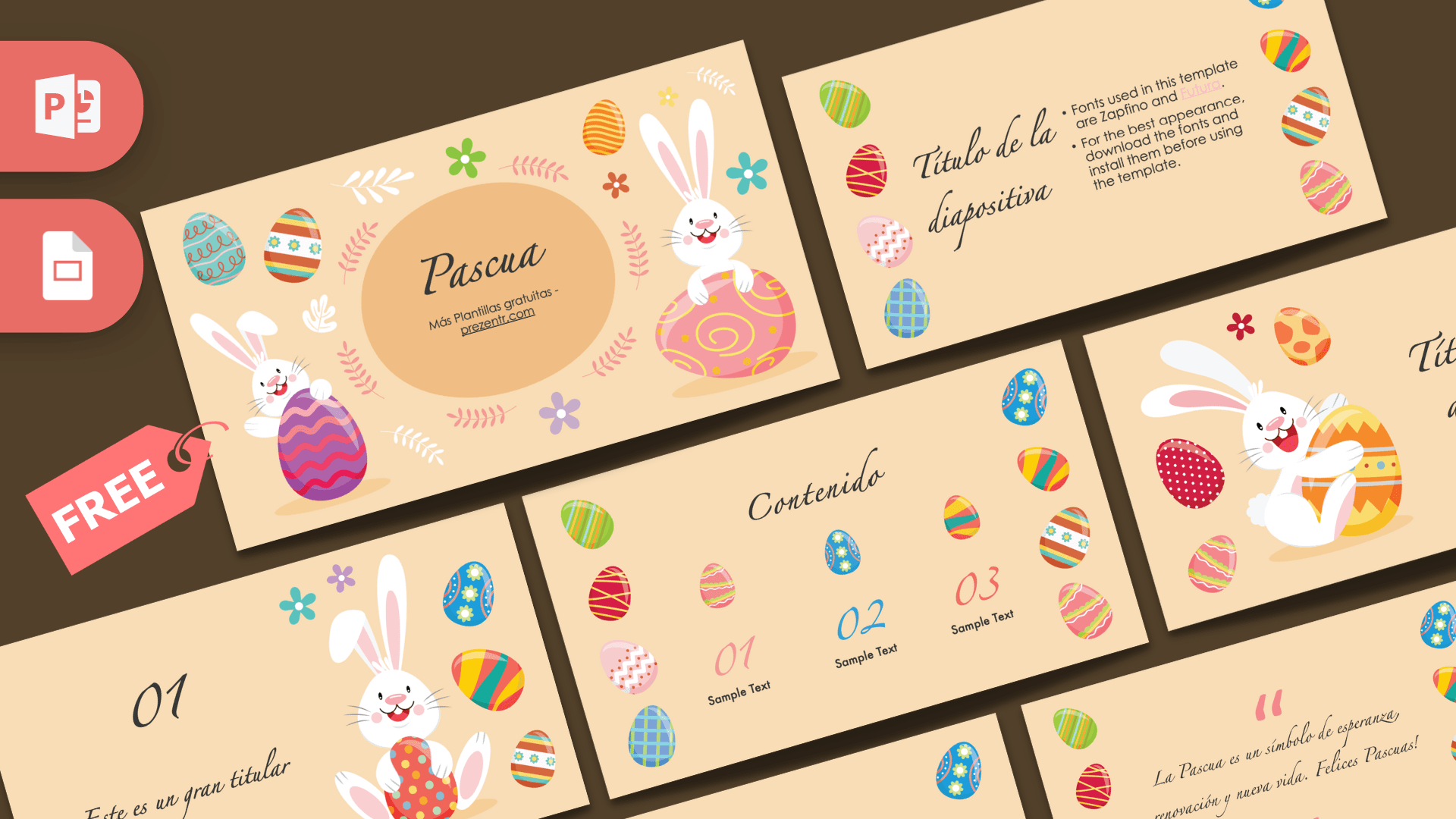 Pascua Easter PowerPoint template cover slide with beige background, Easter bunny, and colorful decorated eggs