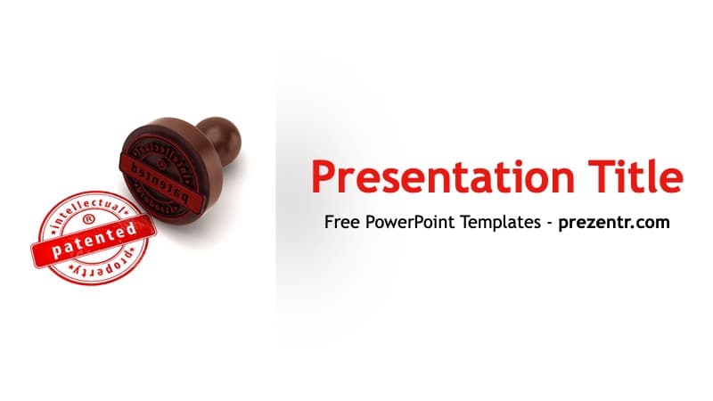 Patent PowerPoint Template cover slide with red patent stamp, wooden stamp icon, white background, and red title text