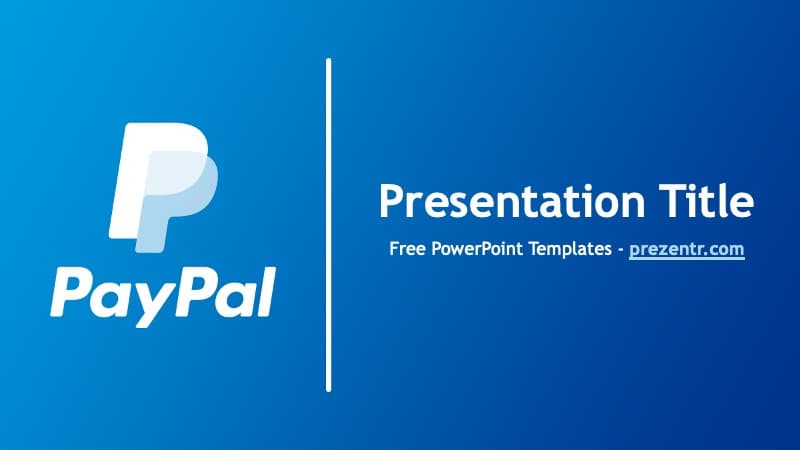 PayPal PowerPoint template cover slide with blue gradient background, white PayPal logo, and vertical divider line