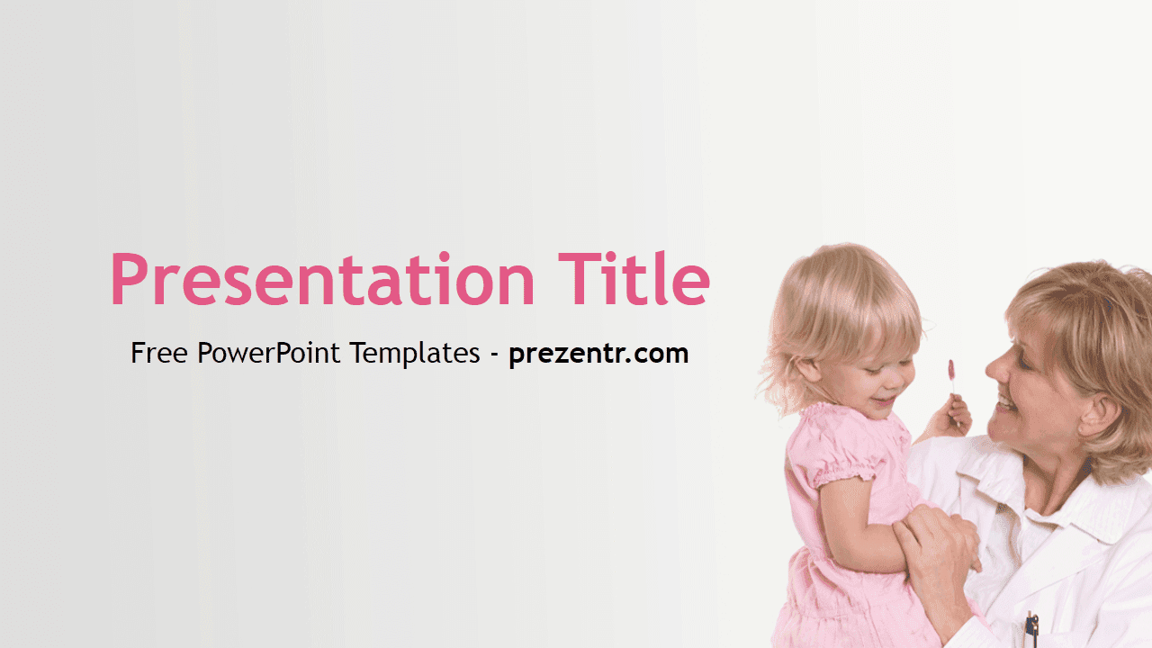 Pediatrician PowerPoint template cover slide with pink title, doctor and child image, light background