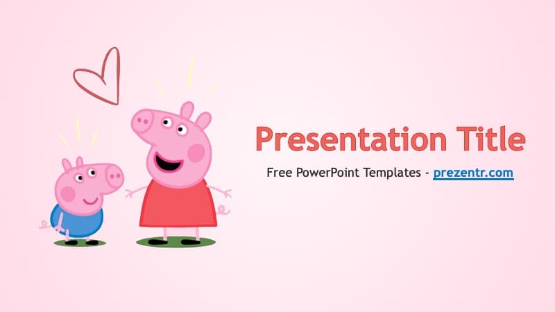Peppa Pig PowerPoint template cover slide with pink characters, red heart, and pastel background