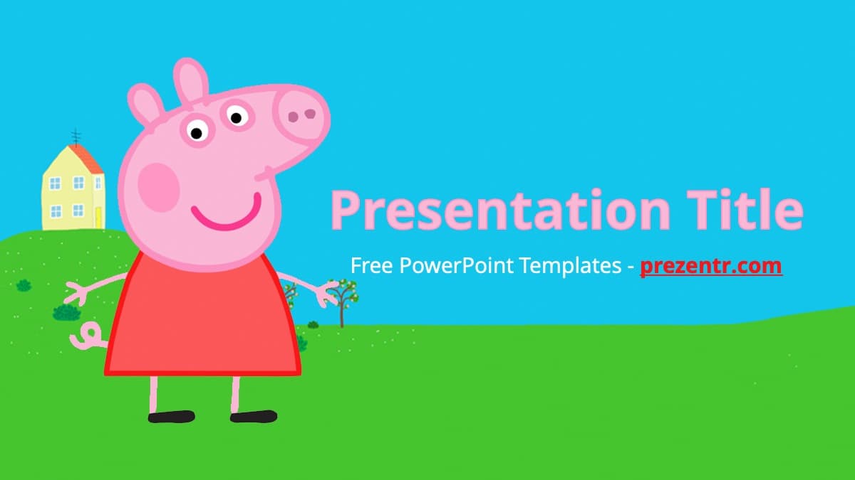 Peppa Pig template cover slide with pink character, red dress, green grass, blue sky background