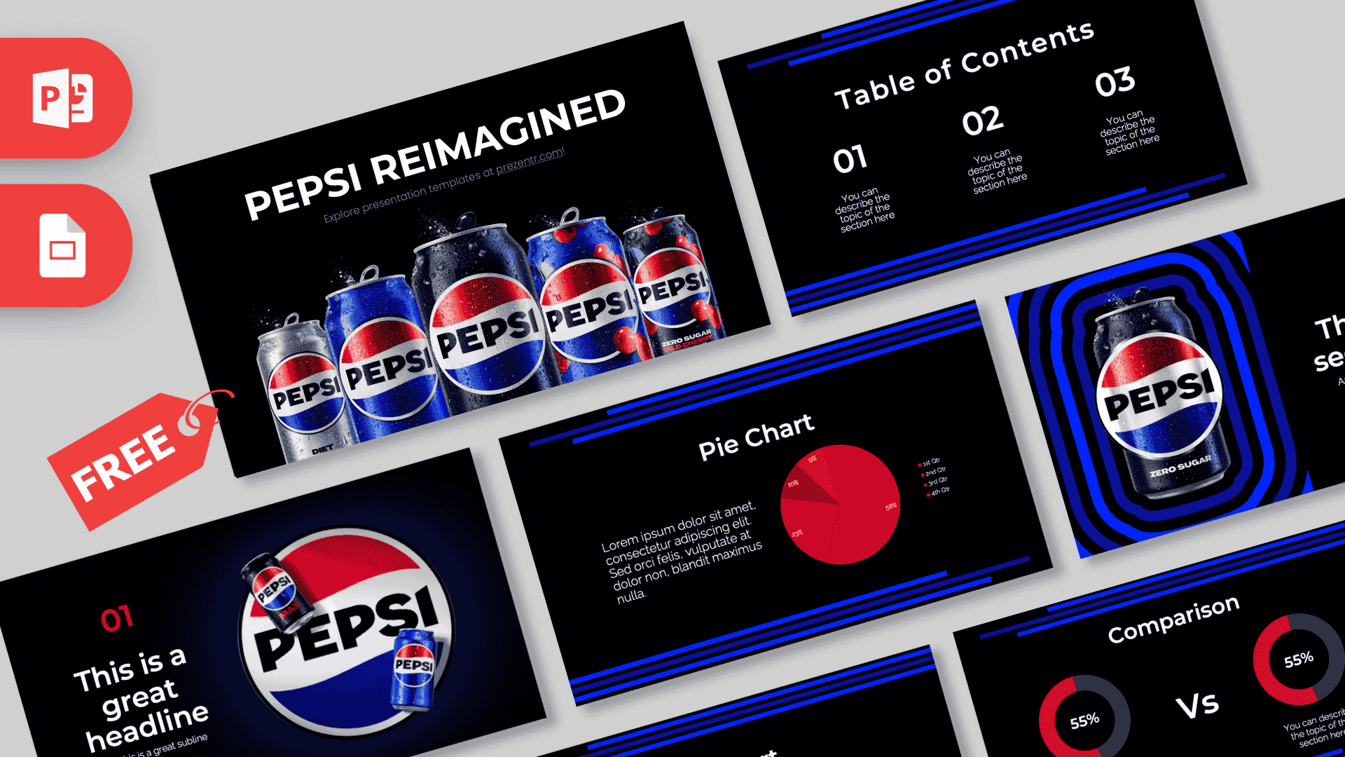Pepsi Cola PowerPoint Template cover slide with blue and red branding, Pepsi cans, and modern dark layout