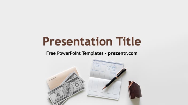 Personal Finance PowerPoint template cover slide with money, notepad, and pen on gray background