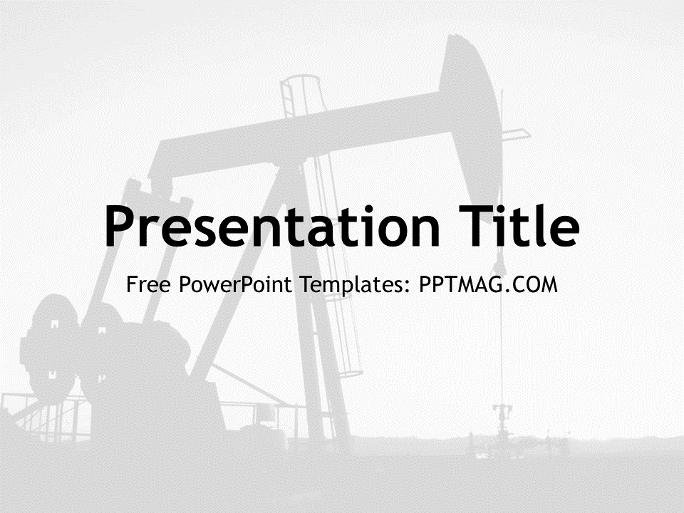 Petroleum PowerPoint Template cover slide with oil pump jack silhouette on light gray background and black text