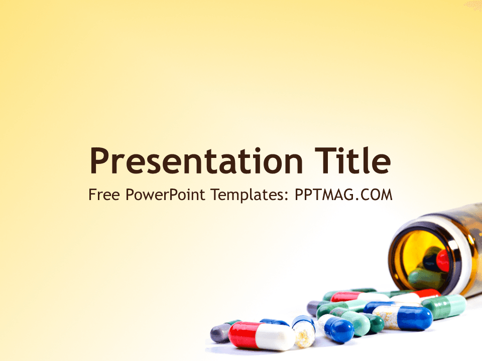 Pharmacy PowerPoint Template cover slide with colorful capsule pills spilling from amber bottle on yellow background