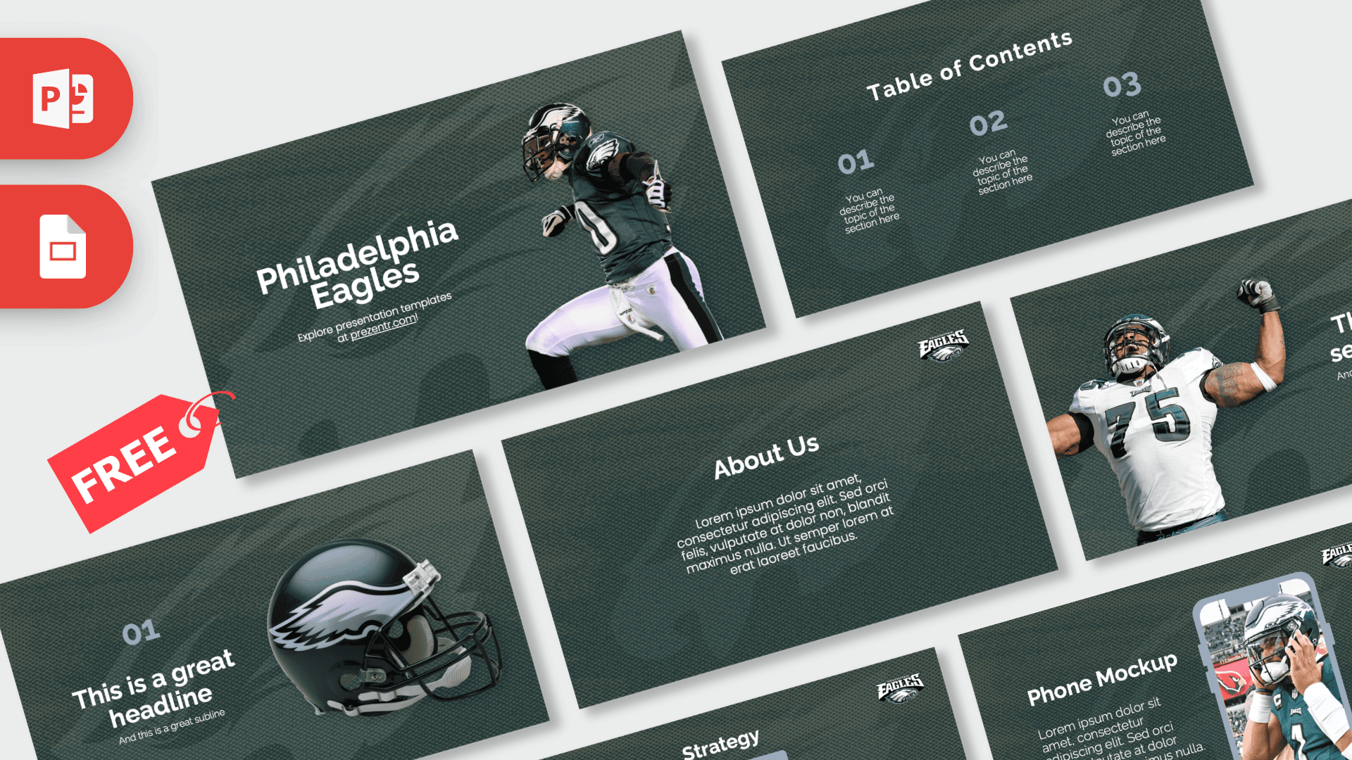 Philadelphia Eagles PowerPoint template cover with green background, football player imagery, and logo