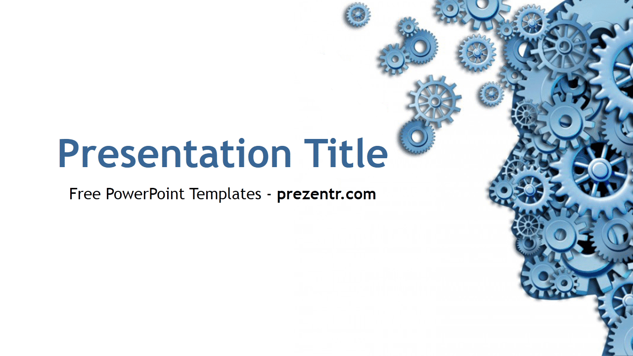 Blue gears and cogs arranged on right side of Philosophy PowerPoint Template title slide with white background