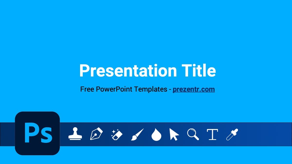 Photoshop PowerPoint template cover slide with bright blue background and design tool icons