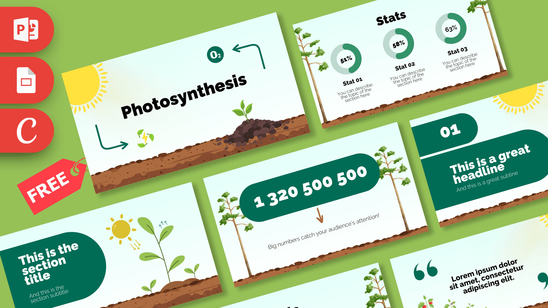 Green nature-themed Photosynthesis PowerPoint template with soil, plants, and sun illustrations