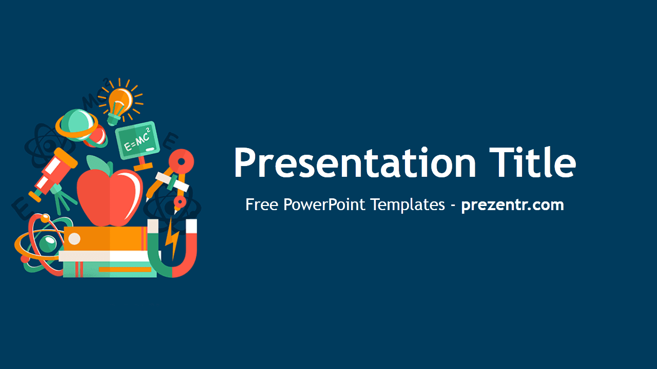 Physics PowerPoint template cover slide with colorful education icons, red apple, and teal blue background