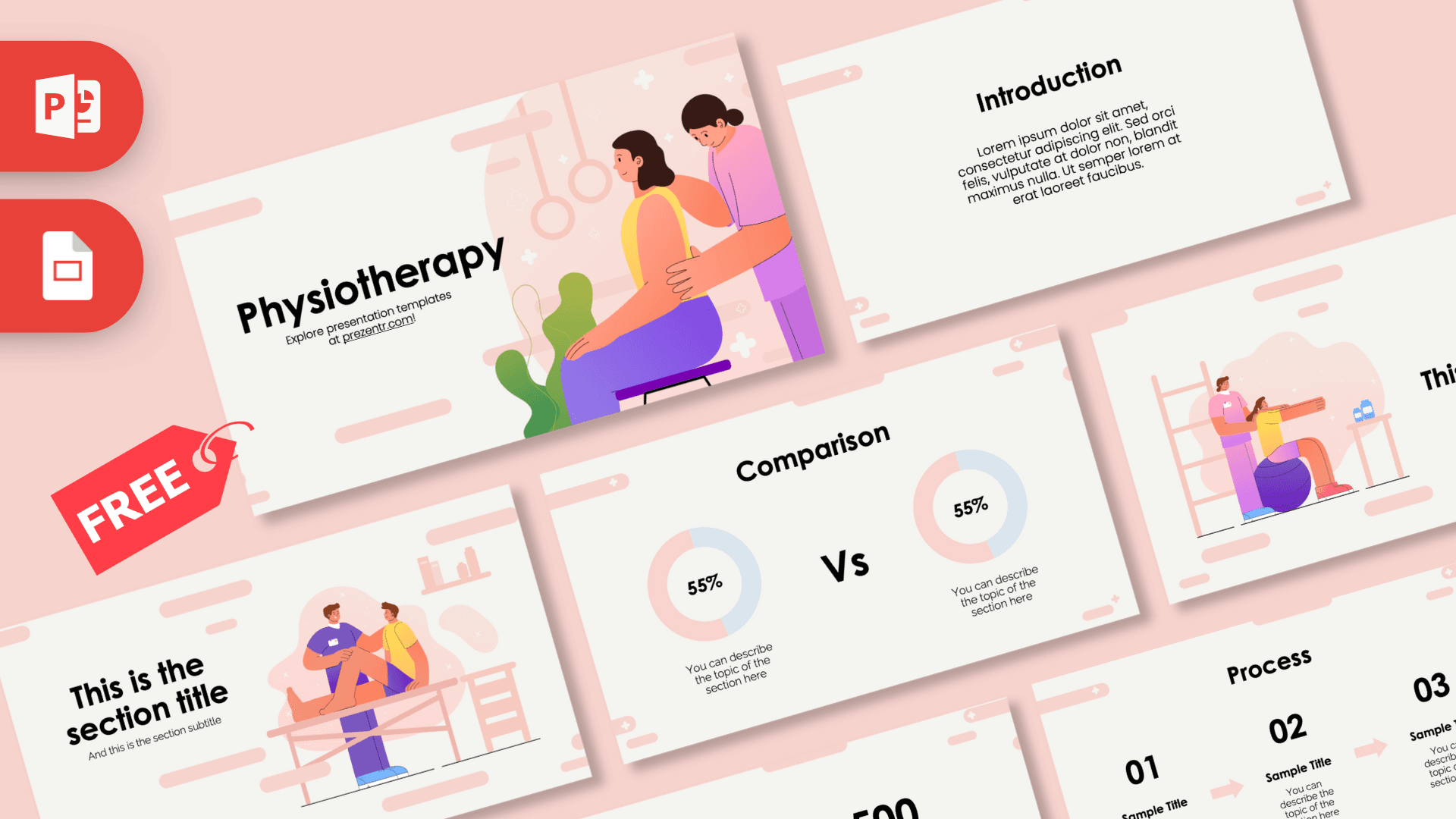Physiotherapy PowerPoint Template cover slide with illustrated therapist and patient, pink and purple color scheme