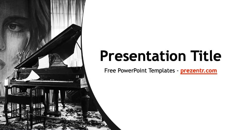 Black and white piano template cover slide with artistic portrait and grand piano imagery