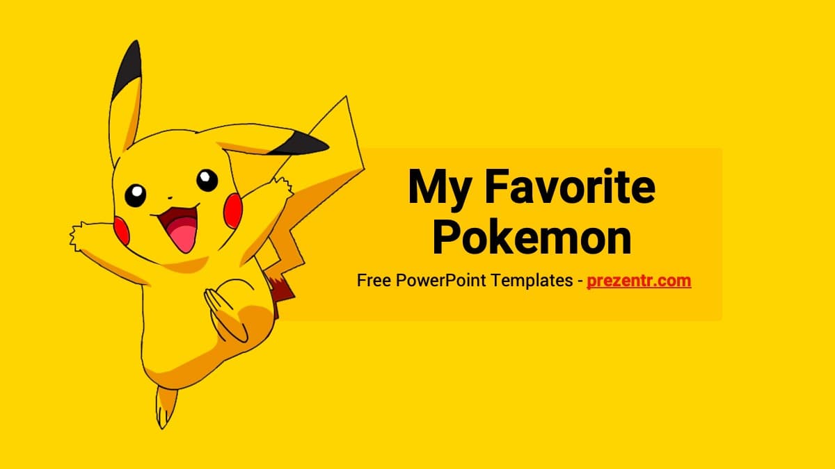 Pikachu PowerPoint Template cover slide with yellow background and happy Pikachu character on left