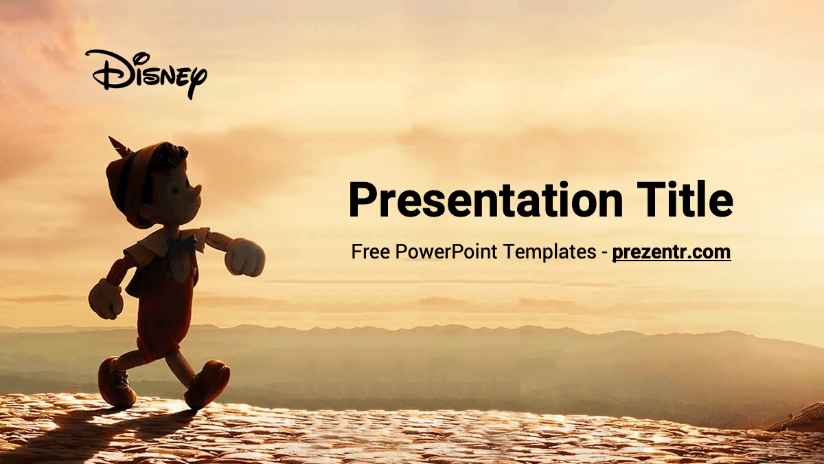 Pinocchio PPT Template cover slide featuring animated wooden puppet character against warm sunset landscape background