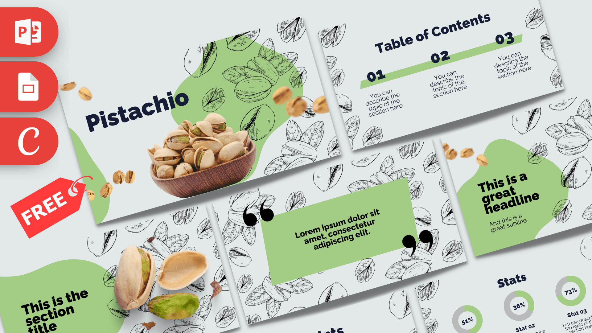 Pistachio template cover slide with green accents, pistachio nuts, and table of contents layout