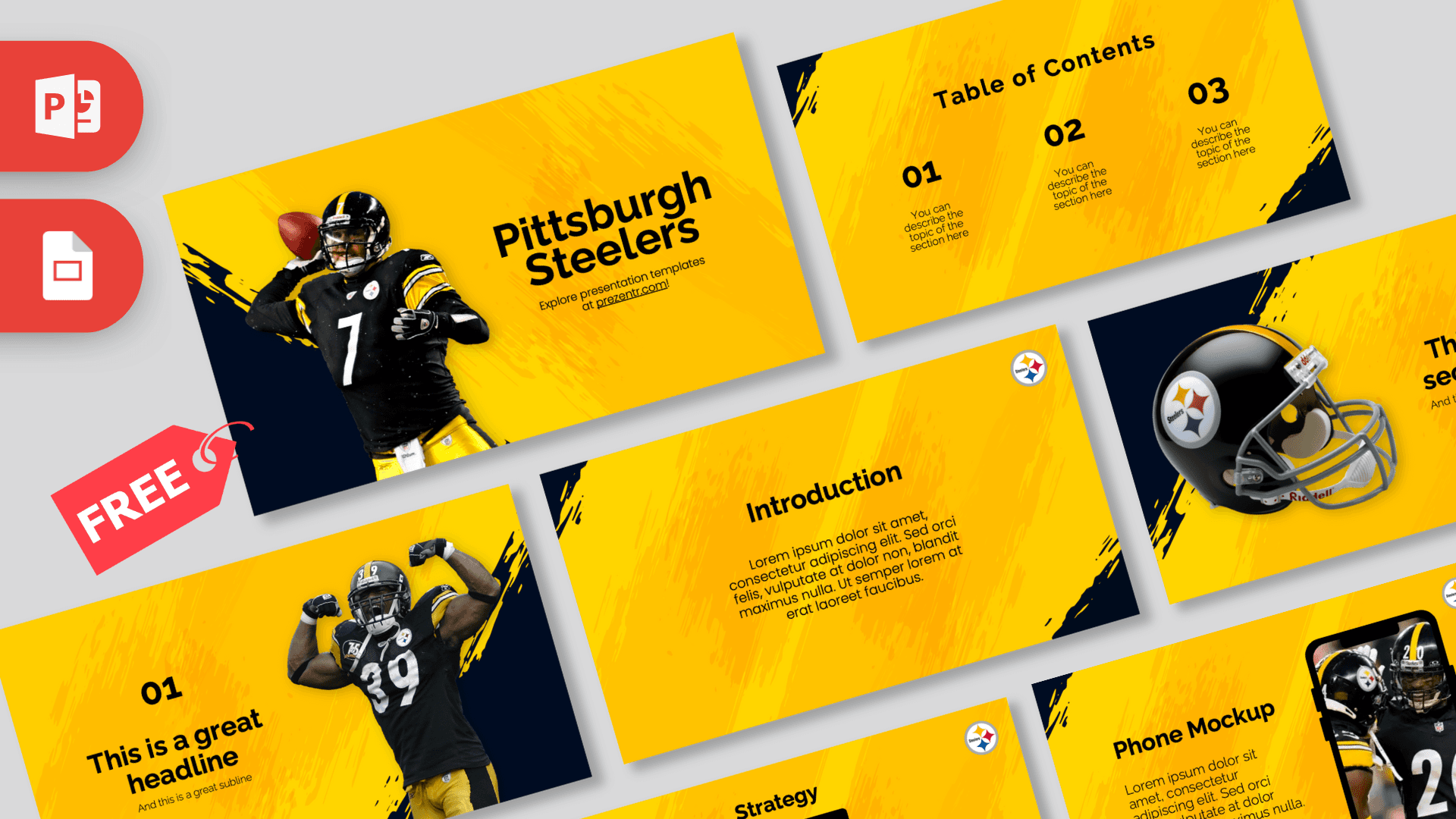 Pittsburgh Steelers PowerPoint template cover with yellow and black design, football player imagery