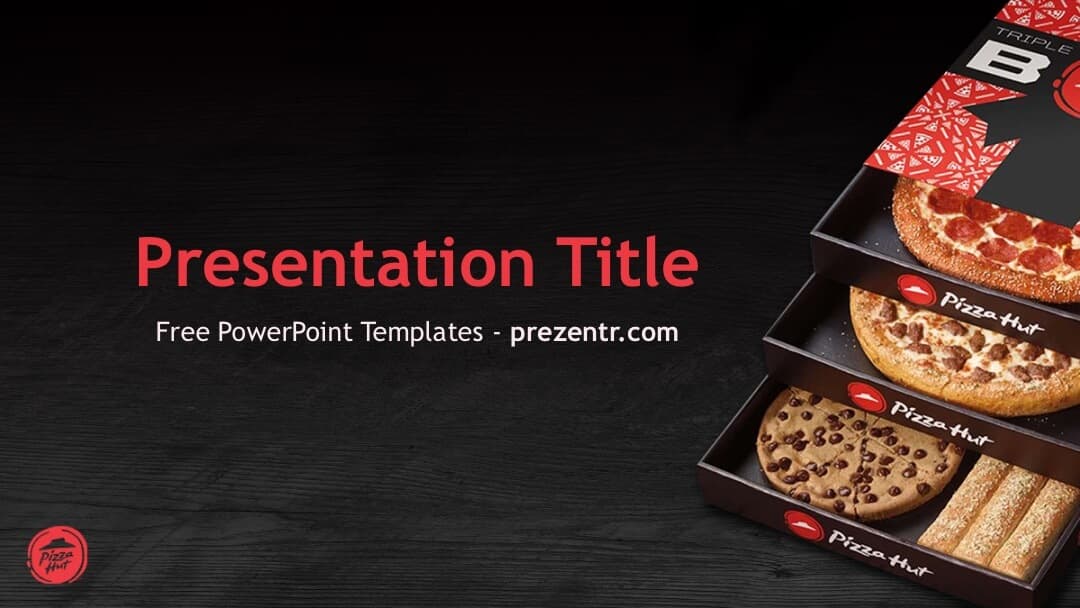 Pizza Hut PowerPoint Template cover slide with red title text, dark background, pizza boxes on right side, and Pizza Hut logo