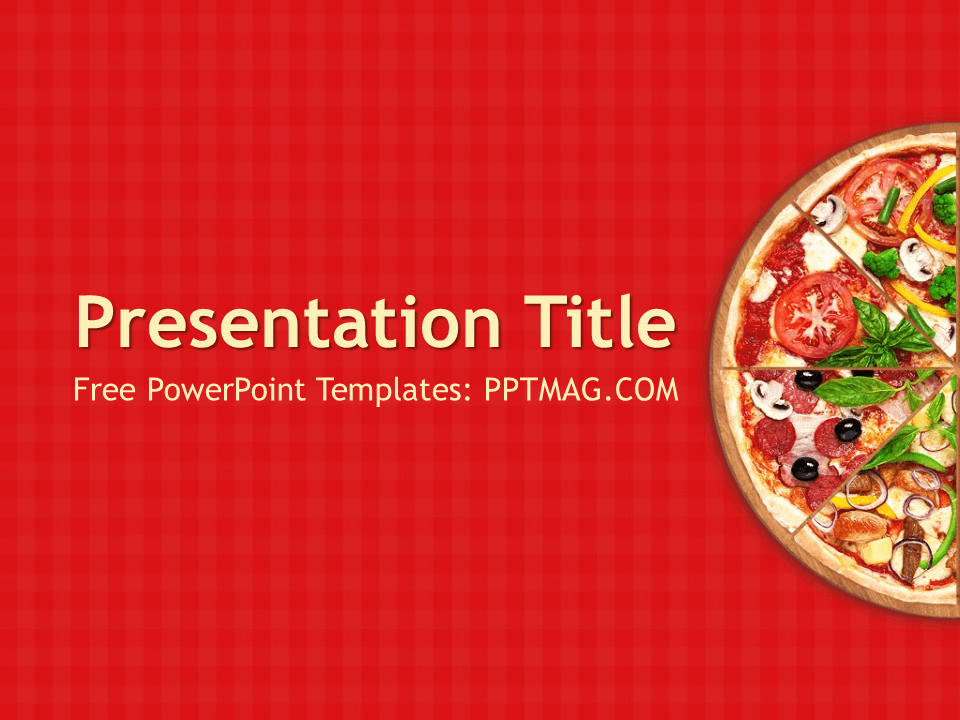 Pizza PowerPoint Template cover slide with red background and fresh pizza image on right