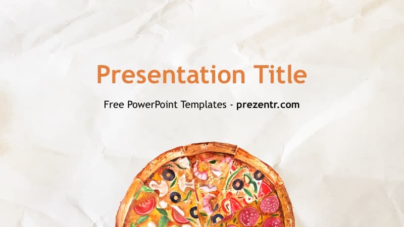 Pizzeria PowerPoint Template cover slide with orange title text and colorful pizza image on cream background