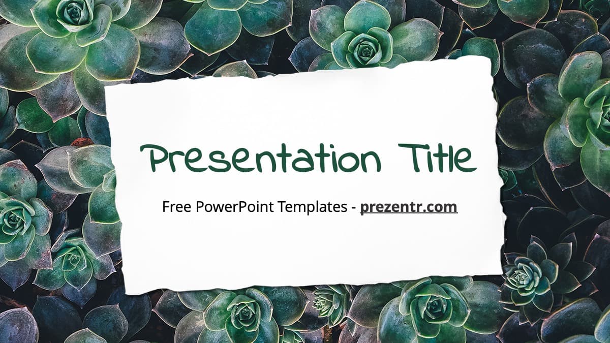 Plants PowerPoint Template cover slide with white text box centered over lush green succulent plants in teal and dark tones