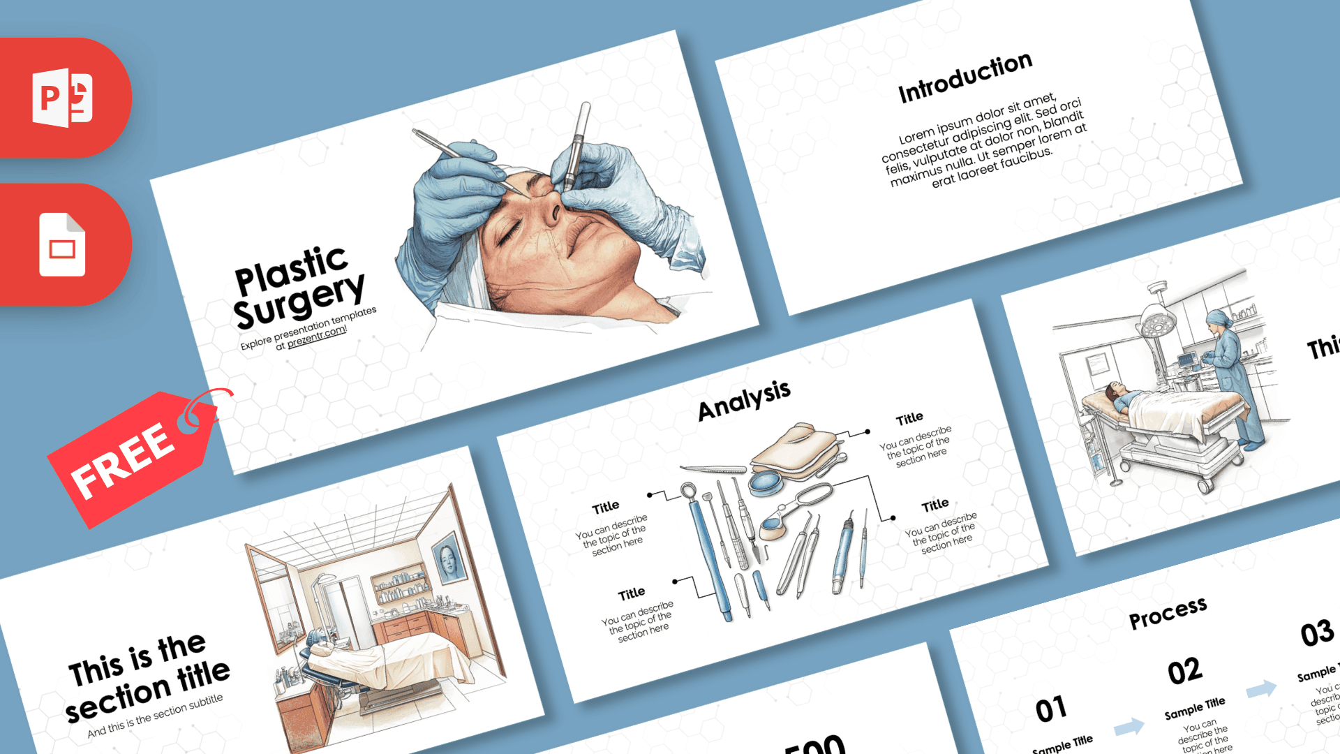 Plastic Surgery PowerPoint Template cover slide featuring medical illustrations on blue background with red MS Office icons