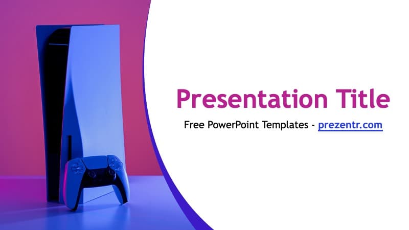 PlayStation 5 PowerPoint Template cover slide with blue PS5 console and controller on magenta and blue gradient background