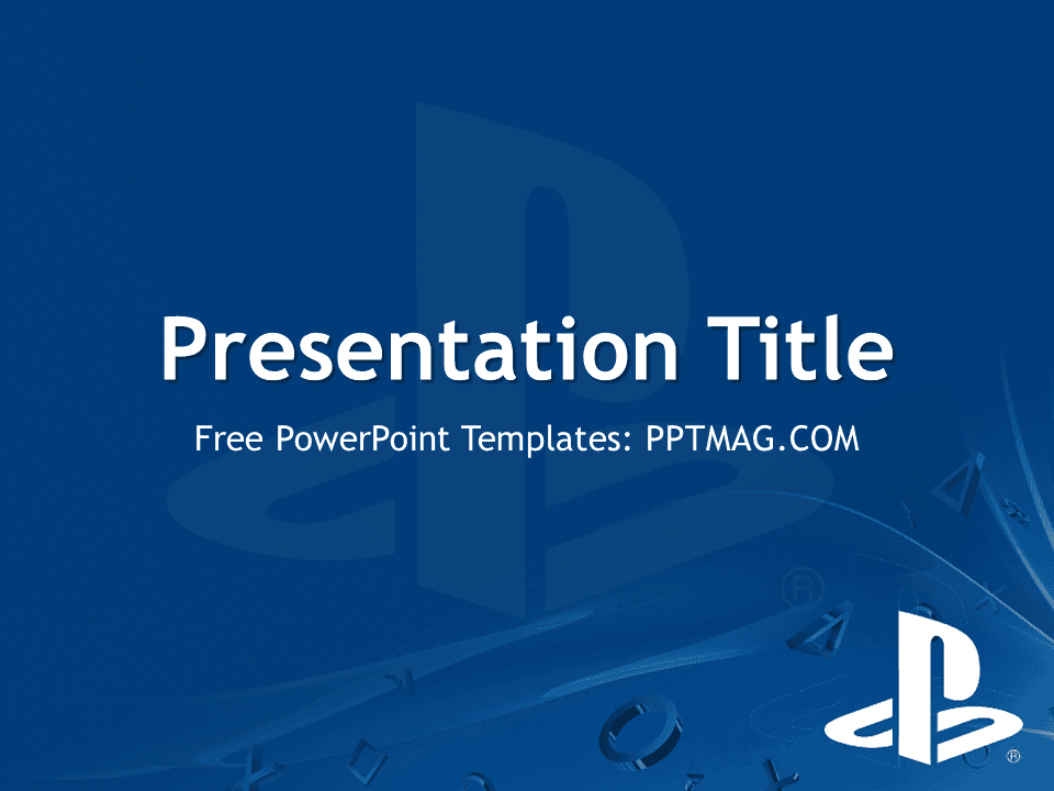 PlayStation PowerPoint Template cover slide with blue gradient background and controller imagery