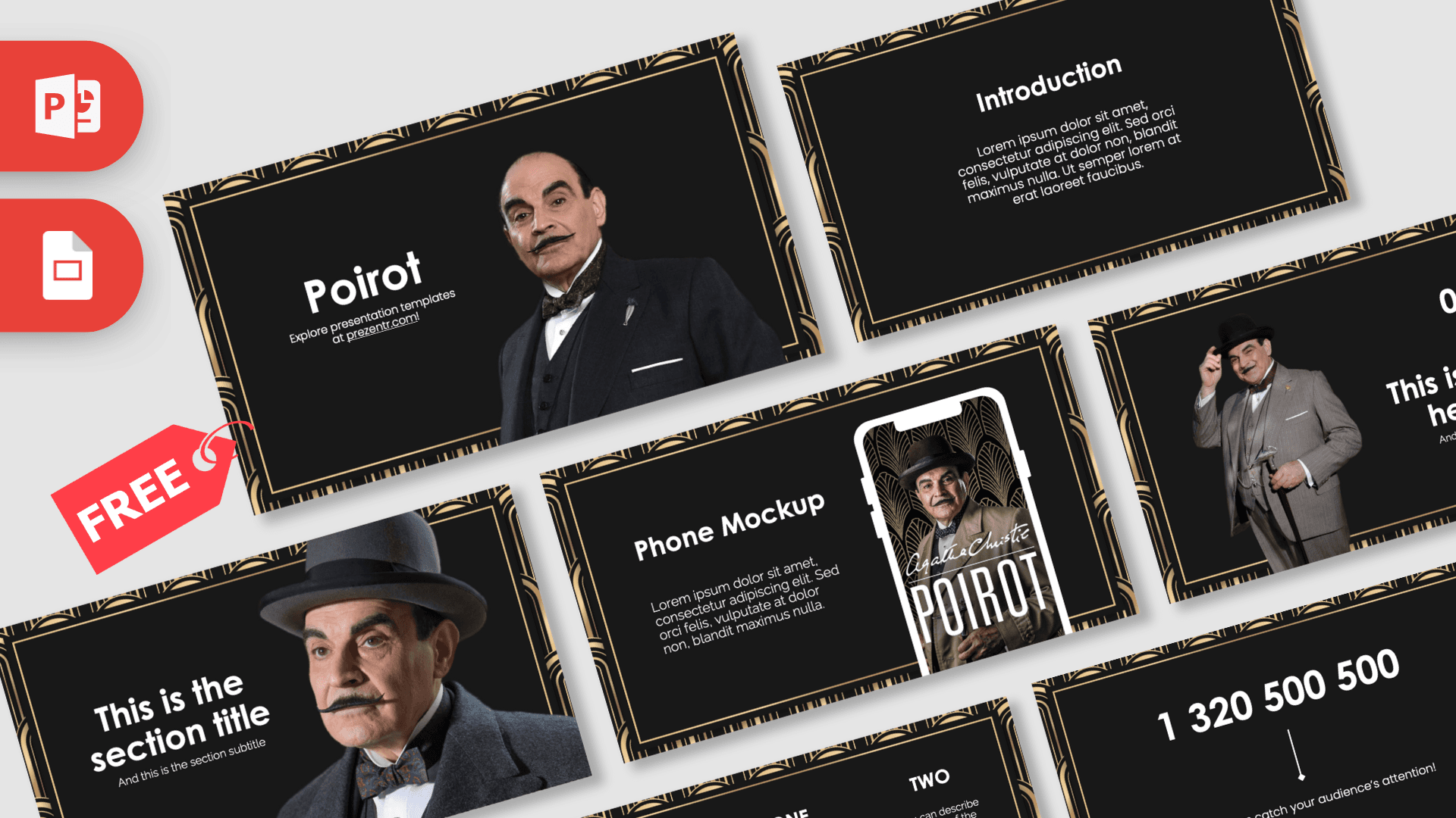 Poirot PowerPoint template cover slide featuring a man in formal black suit with gold-bordered frames on dark background