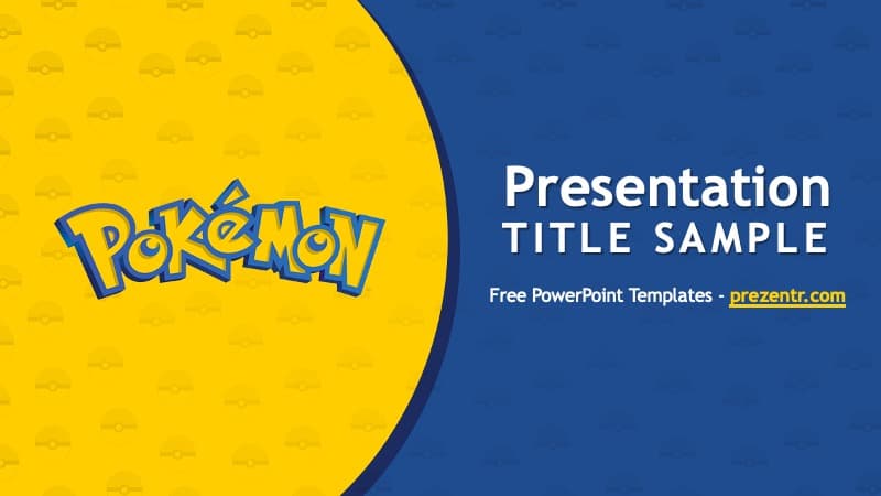 Pokemon PowerPoint Template cover slide with yellow and blue split design, Pokemon logo on left, white title text on right