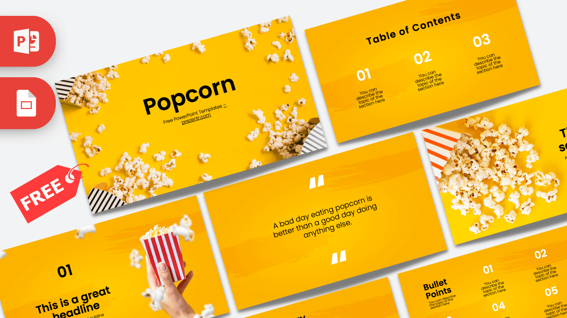 Popcorn PowerPoint Template cover slide with yellow background and scattered popcorn images