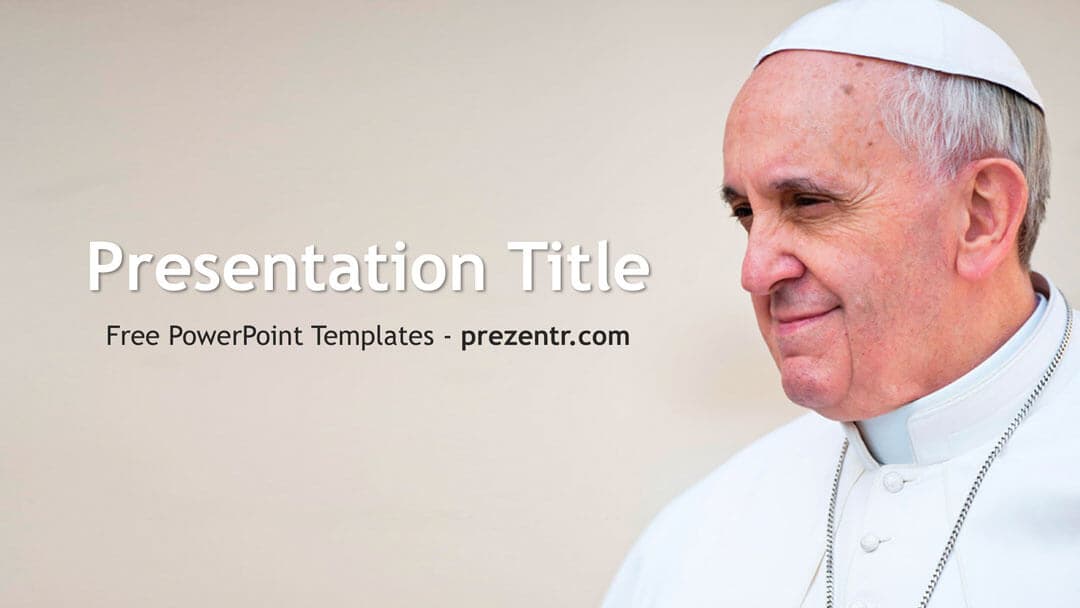 Pope Francis PowerPoint Template cover slide with beige background and portrait of religious figure in white