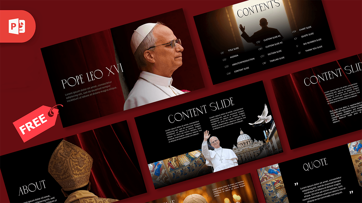 Pope Leo XIV PowerPoint Template cover slide with red background, papal portrait, and Vatican imagery