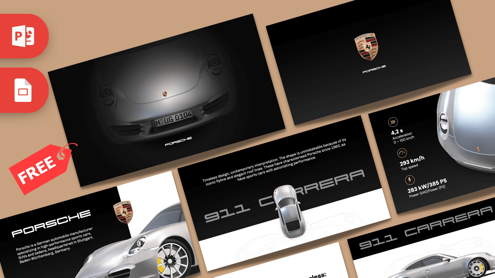 Animated Porsche PowerPoint Template cover with luxury sports cars on black and tan background