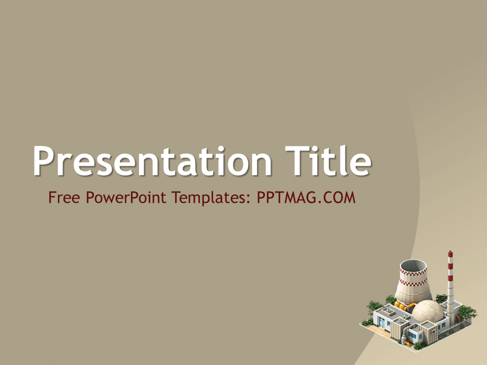 Power Plant PowerPoint Template cover slide with beige background, industrial facility illustration, and white title text