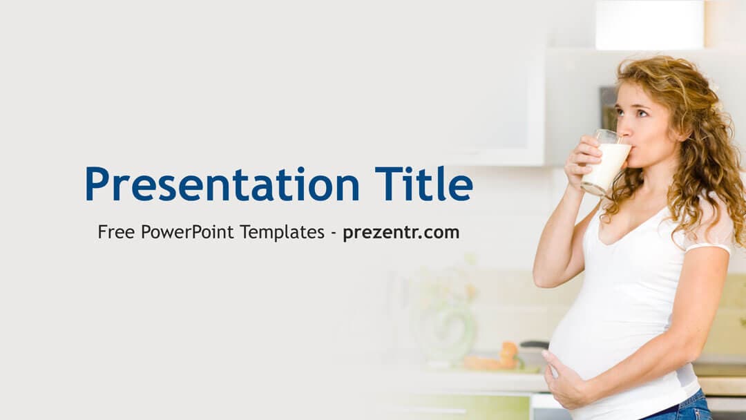 Pregnancy Nutrition PowerPoint template cover slide with pregnant woman drinking milk in bright kitchen setting